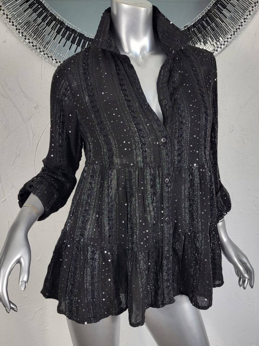 NWT~LINDA ANDERSON~SZ M~BLACK SILVER SPARKLE TUNIC TOP PEASANT RUFFLE BLOUSE